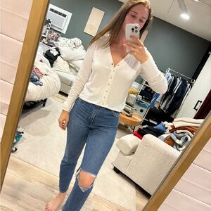 Abercrombie Button Front Ribbed Long Sleeve Tee - White